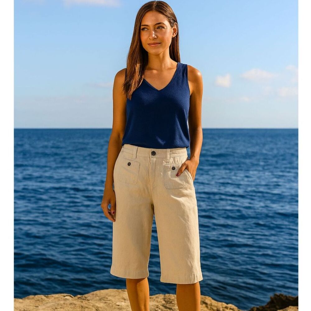 Papagallo Linen Blend Wide Leg Capri Womens Sz 10P Y2k Ecru Coastal Lagenlook